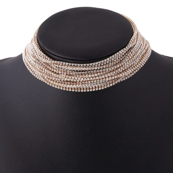 Rhinestone Choker Crystal Wide Necklace gold color