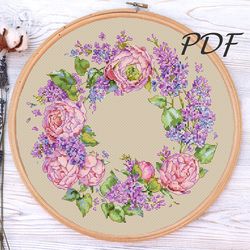 Cross stitch pattern wreath with peonies and lilacs cross stitch design pattern for embroidery pdf