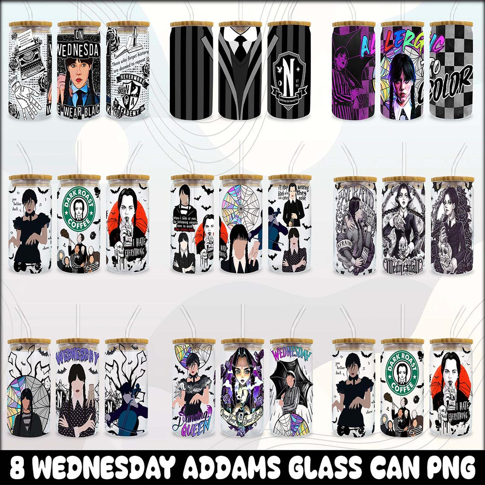 Wednesday Glass Wrap PNG, 16oz Libbey Can Glass, Full Can Wrap,Addams Sublimation Tumbler.jpg