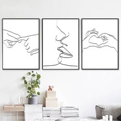 love print line drawing hands line art kiss love heart hands set of 3 prints printable wall art valentines day 3 posters