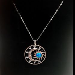 925 Sterling Silver Opal Stone Moon Necklace, Moon and Sun Necklace, Necklace for Women, Gift for Her, Discount, Sale