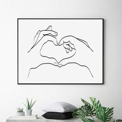 Hands Love Drawing Minimal Line Art Hands Heart Love Wall Art Horizontal Print Couple Art Bedroom Decor Printable Art