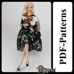 pdf pattern beautiful chiffon cocktail dress with bow for 11 1/2 pivotal, repro, curvy, mtm, silkstone barbie doll