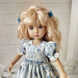 Blue and white and floral stripes ruched smocked dress for Little Darling dolls.