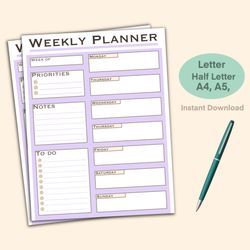 weekly planner, printable weekly planner, instant download, daily planner, productivity planner, checklist printable, di