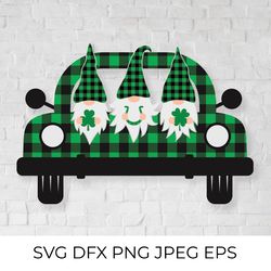 st. patricks day retro truck with cute cartoon gnomes