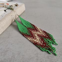 Green long dangle seed bead earrings Gradient ombre fringe Chandelier handmade beadwork jewelry gift women