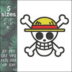 one piece embroidery design, monkey d luffy anime pirate logo, 5 sizes