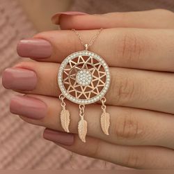 925 Sterling Silver Flower of Life Necklace, Feather Necklace, Dreamcatcher Necklace, Necklace for Women, Gift for Her