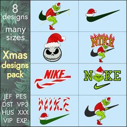 christmas embroidery designs pack, nike grinch skellington candy, 8 designs, many sizes