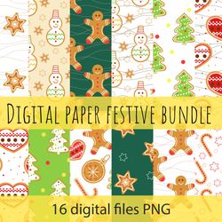 Digital paper festive bundle. Christmas gingerbread pattern