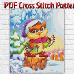 Owl Cross Stitch Pattern / Bird Counted Cross Stitch Pattern / Christmas Cross Stitch Pattern / Winter Instant PDF Chart