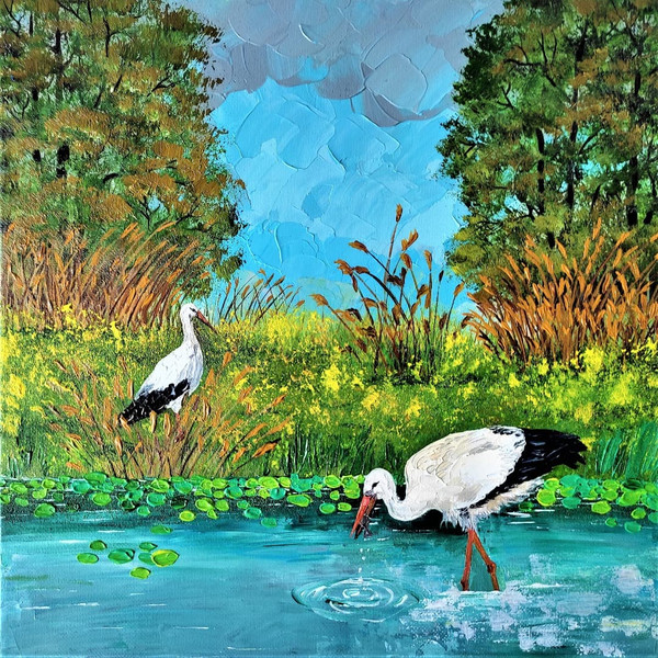 Bird-painting-two-storks-on-a-pond-impasto-art-wall-decor.jpg