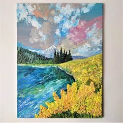 Mountain lake landscape painting, Landscape art, Framed art