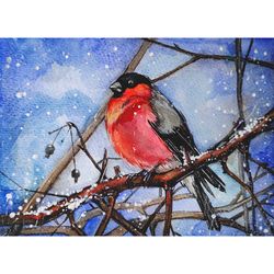 Bullfinch Painting Bird Original Art Animal Artwork Small Watercolor Painting Winter Bird Christmas Wall Art by AlyonArt