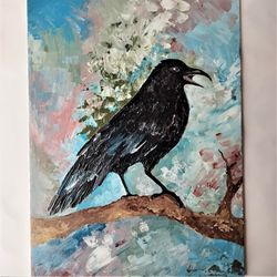 Crow canvas art, Raven acrylic painting, Bird wall art