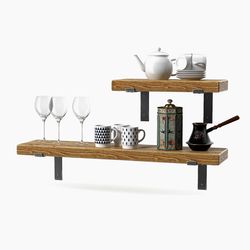 set of 2 rustic solid wooden floating shelves. wall decor. farmhouse shelf with j-brackets, industrial kitchen shelf