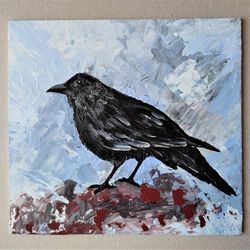 raven painting, black crow painting, bird wall art framed