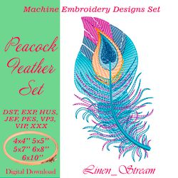 Peacock Feather Set 5 embroidery designs in 3-5 sizes in 8 formats