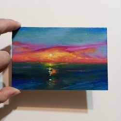 Seascape painting Red Sunset over the sea Small painting Wall art 4 x 6 inches on cardboard from Marina Mamonchik