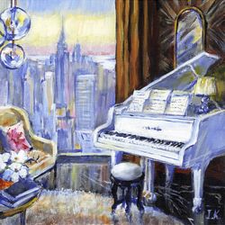 Interior with white piano. Evening in New York. Original acrylic painting 8x8''