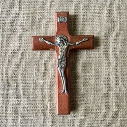 Russian Classic Mahogany Wood Decorative Hanging Wall Cross with silver plated crucifix | Height 4,5"