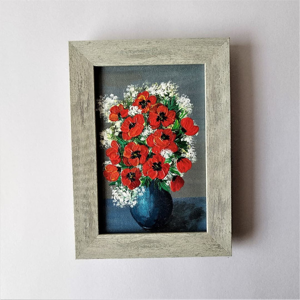 Small-wall-decor-bouquet-of-poppies-and-wildflowers-acrylic-painting-framed-art