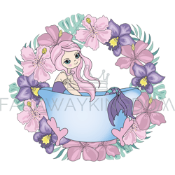 batting mermaid princess girl wreath vector illustration set