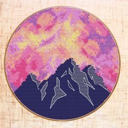 Mountain Cross Stitch Pattern, Modern Cross Stitch, Pink sky hoop art cross stitch PDF