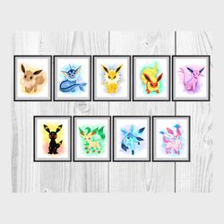Pokemons evolution Eevee Set Art Print Digital Files decor nursery room watercolor
