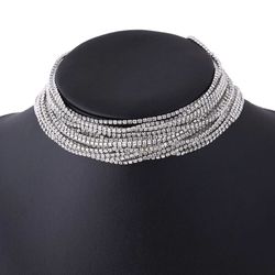 Womens Necklace Choker Rhinestone Wide Multilayer Rhinestone Choker Crystal Lage silver gift necklace for girlfriend