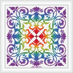 Cross stitch pattern Panel Damask floral ornament rainbow abstract pillow napkin counted crossstitch patterns PDF