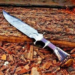 Stag Crown Forged Knife Damascus Knife With Leather Sheath