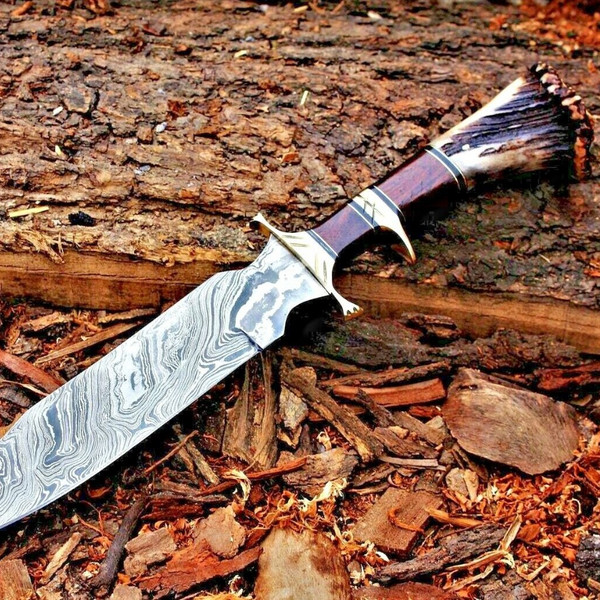 Stag crown Forged Knife - Damascus Knife  GIFT For Men  With Leather.jpg