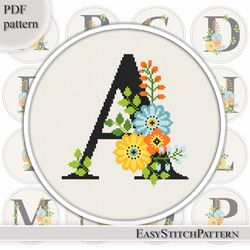 Floral Letter A Initial cross stitch pattern Monogram cross stitch Flowers Alphabet cross stitch
