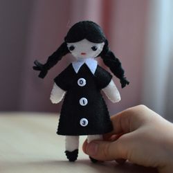 Handstitched Wednesday Addams doll , Addams family doll fan art inspired gift Plushie doll ornament