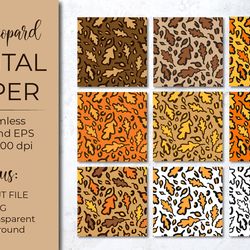 Fall leopard digital paper. Autumn oak leaves leopard print