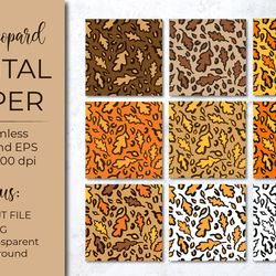 fall leopard digital paper. autumn oak leaves leopard print