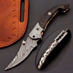 Custom Handmade Damascus Folding Knife Pocket knife w/ Leather EDC Gift for him