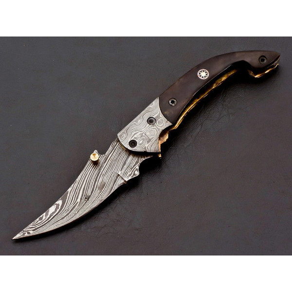 Custom Handmade Damascus Folding Knife Pocket knife Leather EDC Gift for him 1.jpg