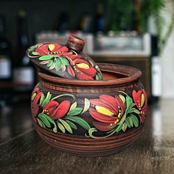 Pottery large casserole 152.16 fl.oz  Handmade pot with lid and color pattern