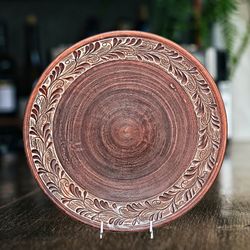 Pottery plate diameter 14.56 inch carved pattern Handmade red clay
