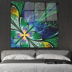 Multicolored Symmetrical Fractal Flower, Tempered Glass Wall Art, Mixed Abstract Wall Art, Multicolored Wall Decor