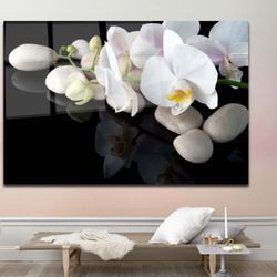 White Orchid on Black Background, Orchid Tempered Glass Wall Art, Flower Decor, Home Decor, Wall Art, Gifting Wall Art