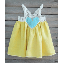 Handmade babyl dress, Heart sundress, yellow baby dress, toddler yellow dress, girl linen dress, Princess Party dress