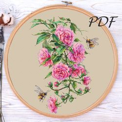 Cross stitch Bumblebees in roses cross stitch patterns design for embroidery pdf