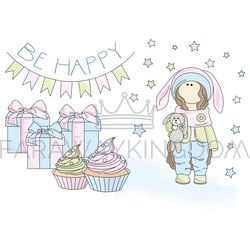 BE HAPPY Tilda Doll Children Holiday Vector Illustration Set