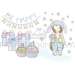 be happy tilda doll children holiday vector illustration set