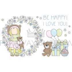 BE HAPPY I LOVE YOU Tilda Doll Child Vector Illustration Set