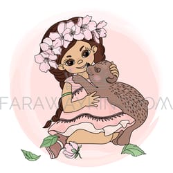 bear girl floral sakura wreath animal vector illustration set